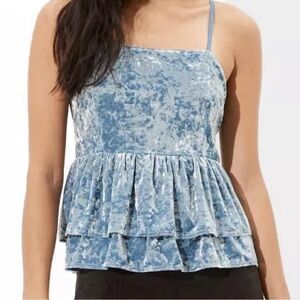 American Eagle Blue Crushed Velvet Tiered Smocked Peplum Top Size M NWT